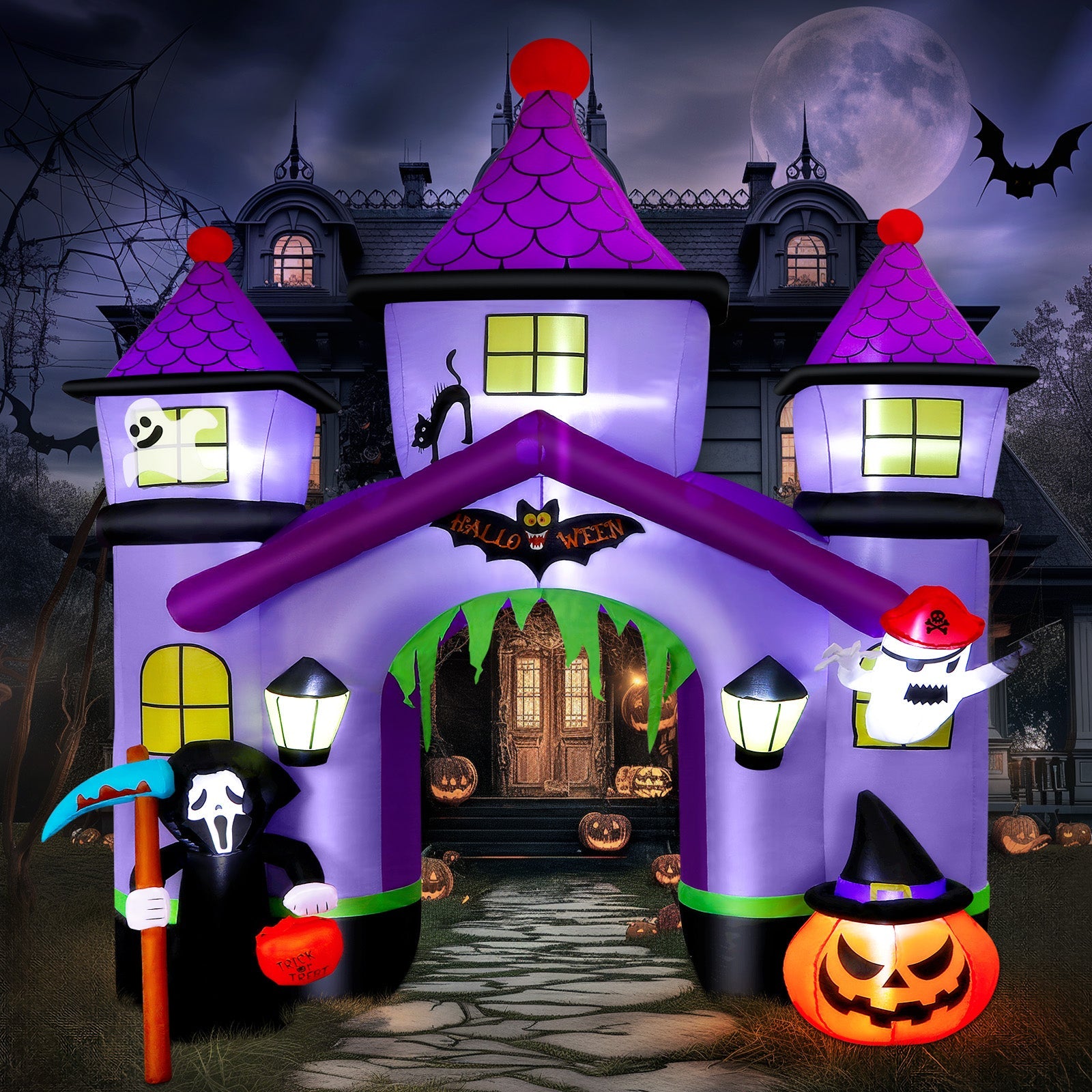 10FT Halloween Inflatables Giant Haunted House Castle Archway with LED Light - SHareconn