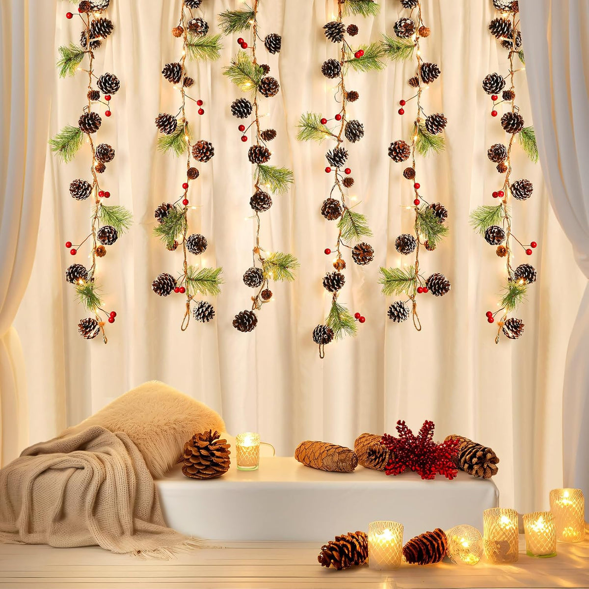 2PCS 6FT(2 * 180cm) Artificial Christmas Garland with Prelit Lights Snow Pine Cone&Red Berry - SHareconn