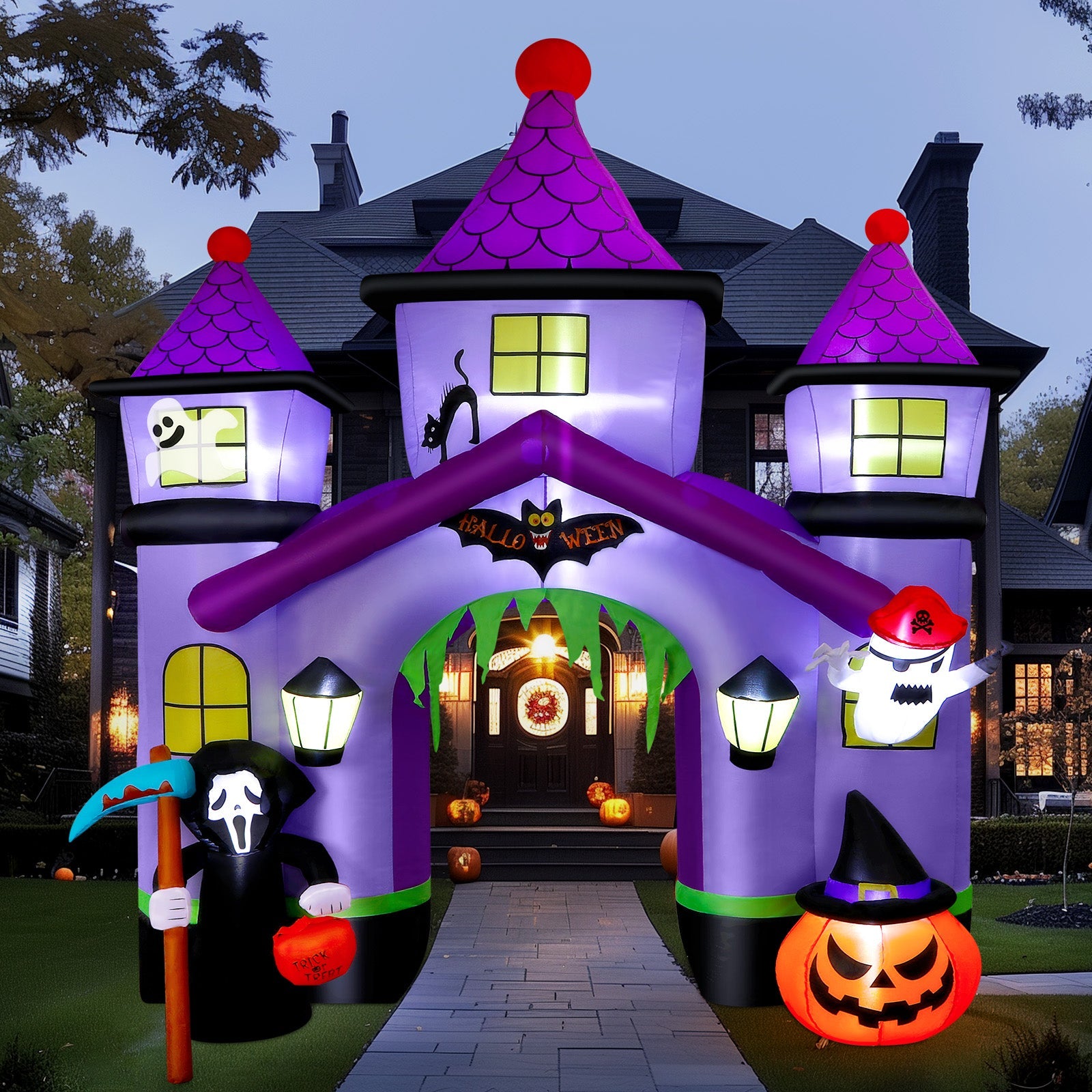 10FT Halloween Inflatables Giant Haunted House Castle Archway with LED Light - SHareconn