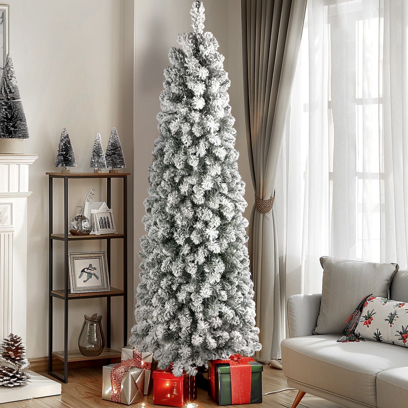 4.5ft Prelit Warm White Lights Snow Flocked Artificial Hinged Slim Pencil Christmas Tree - SHareconn