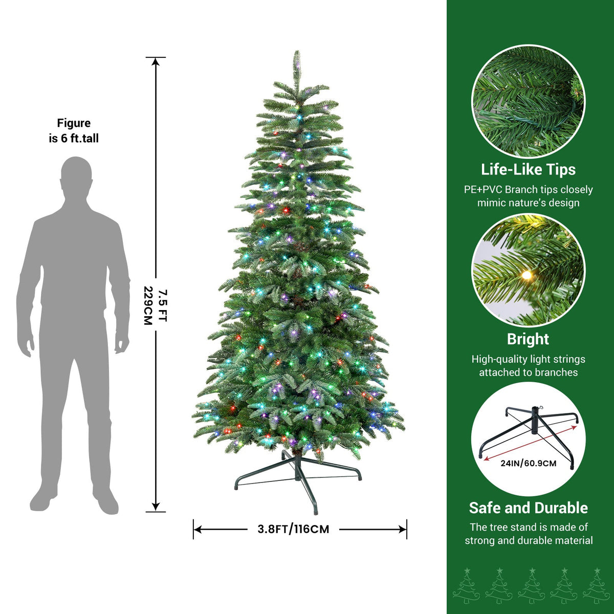 7.5ft Prelit Artificial Hinged Upgraded Christmas Tree with Remote, 660 Pre-Lit Multi-Color RGB Lights and 1975 PE & PVC Branch Tips, Perfect Choice for Xmas Decoration, 7.5 FT - SHareconn