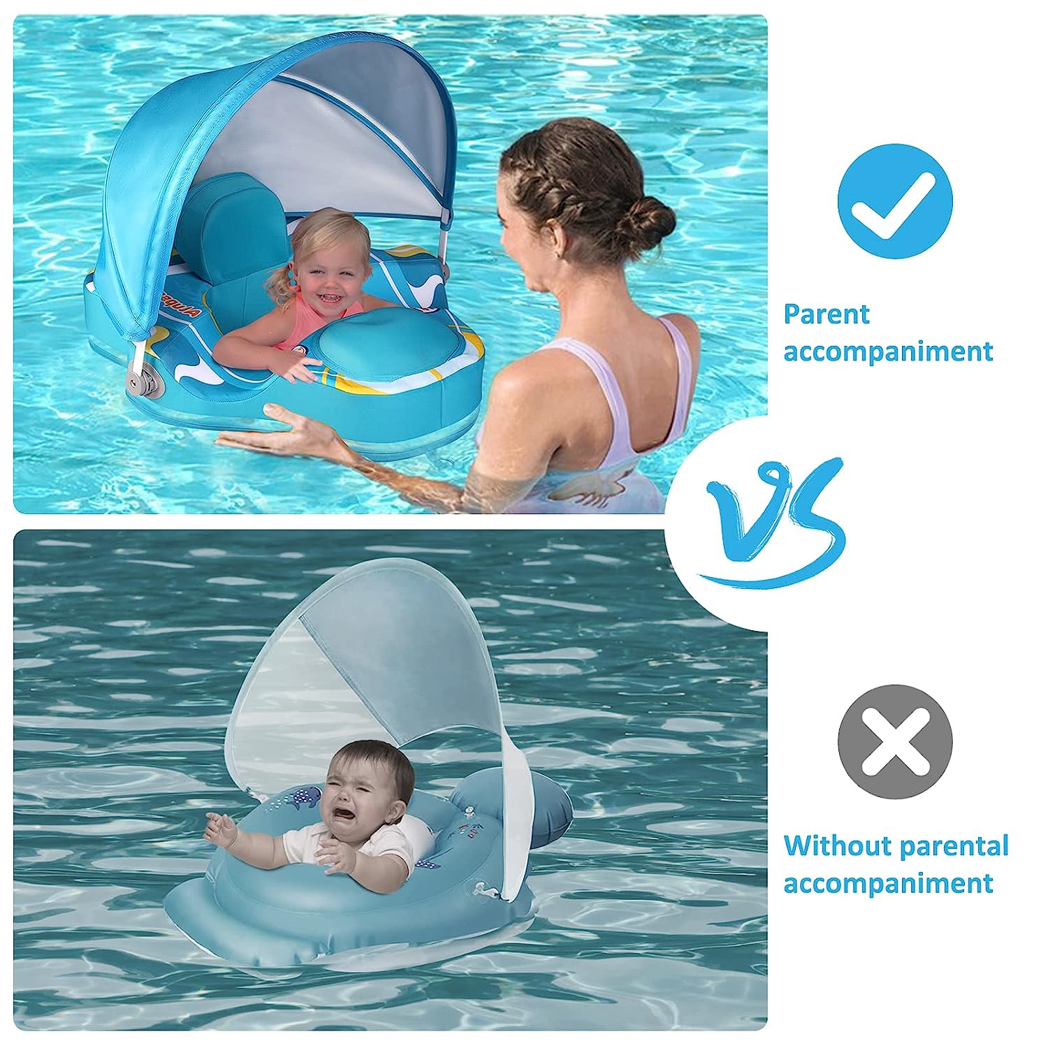 Alupssuc Baby Pool Float with 0-120° Removable UPF 50+ Sun Canopy, Widen Wings No Flip over, Non Inflatable Infant Pool Float with Adjustable Safety Seat, Baby Swim Floats for 3-6-12-24 Months Toddler