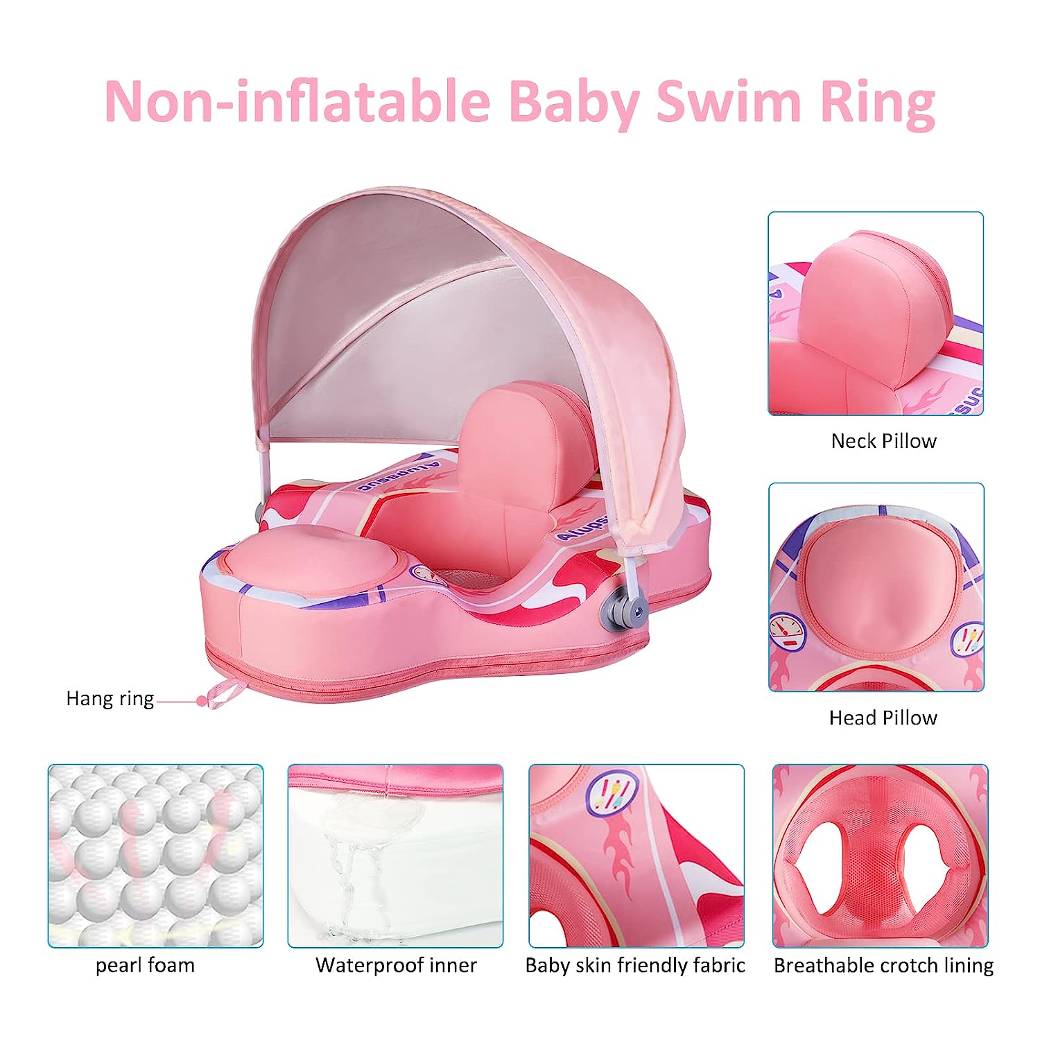 Alupssuc Baby Pool Float with 0-120° Removable UPF 50+ Sun Canopy, Widen Wings No Flip over, Non Inflatable Infant Pool Float with Adjustable Safety Seat, Baby Swim Floats for 3-6-12-24 Months Toddler-Pink