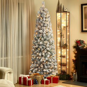 4.5ft Prelit Warm White Lights Snow Flocked Artificial Hinged Slim Pencil Christmas Tree - SHareconn