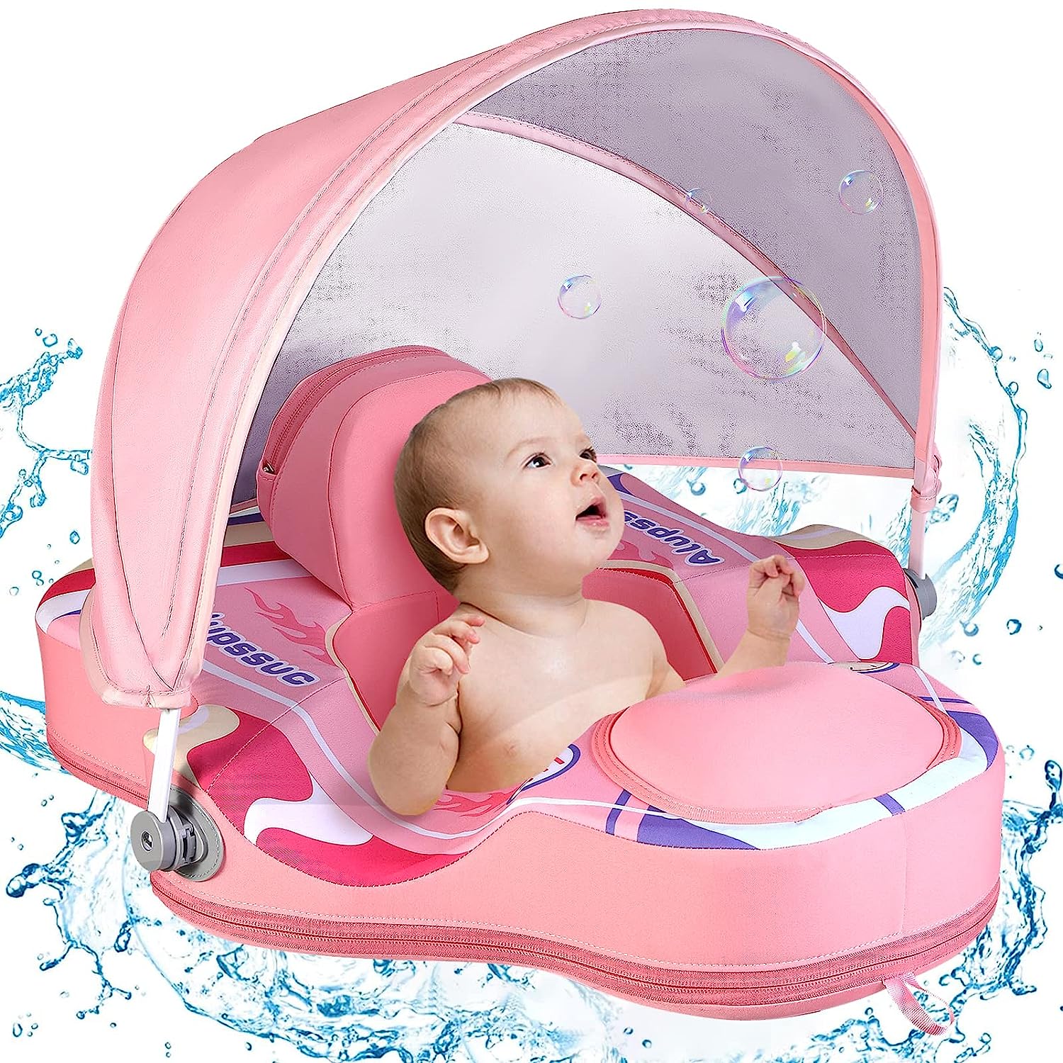 Alupssuc Baby Pool Float with 0-120° Removable UPF 50+ Sun Canopy, Widen Wings No Flip over, Non Inflatable Infant Pool Float with Adjustable Safety Seat, Baby Swim Floats for 3-6-12-24 Months Toddler-Pink