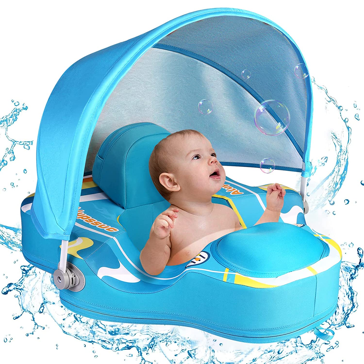 Alupssuc Baby Pool Float with 0-120° Removable UPF 50+ Sun Canopy, Widen Wings No Flip over, Non Inflatable Infant Pool Float with Adjustable Safety Seat, Baby Swim Floats for 3-6-12-24 Months Toddler