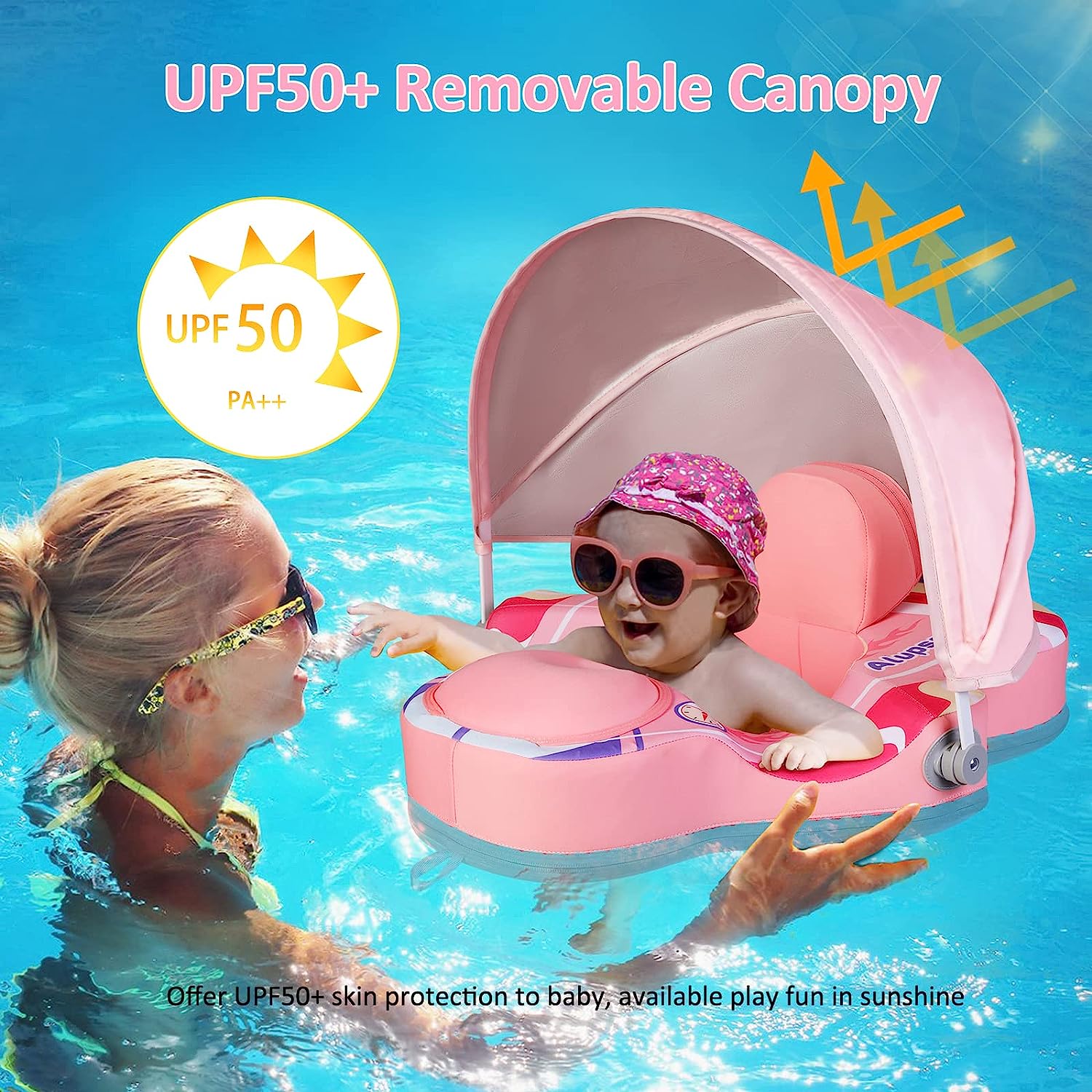 Alupssuc Baby Pool Float with 0-120° Removable UPF 50+ Sun Canopy, Widen Wings No Flip over, Non Inflatable Infant Pool Float with Adjustable Safety Seat, Baby Swim Floats for 3-6-12-24 Months Toddler-Pink