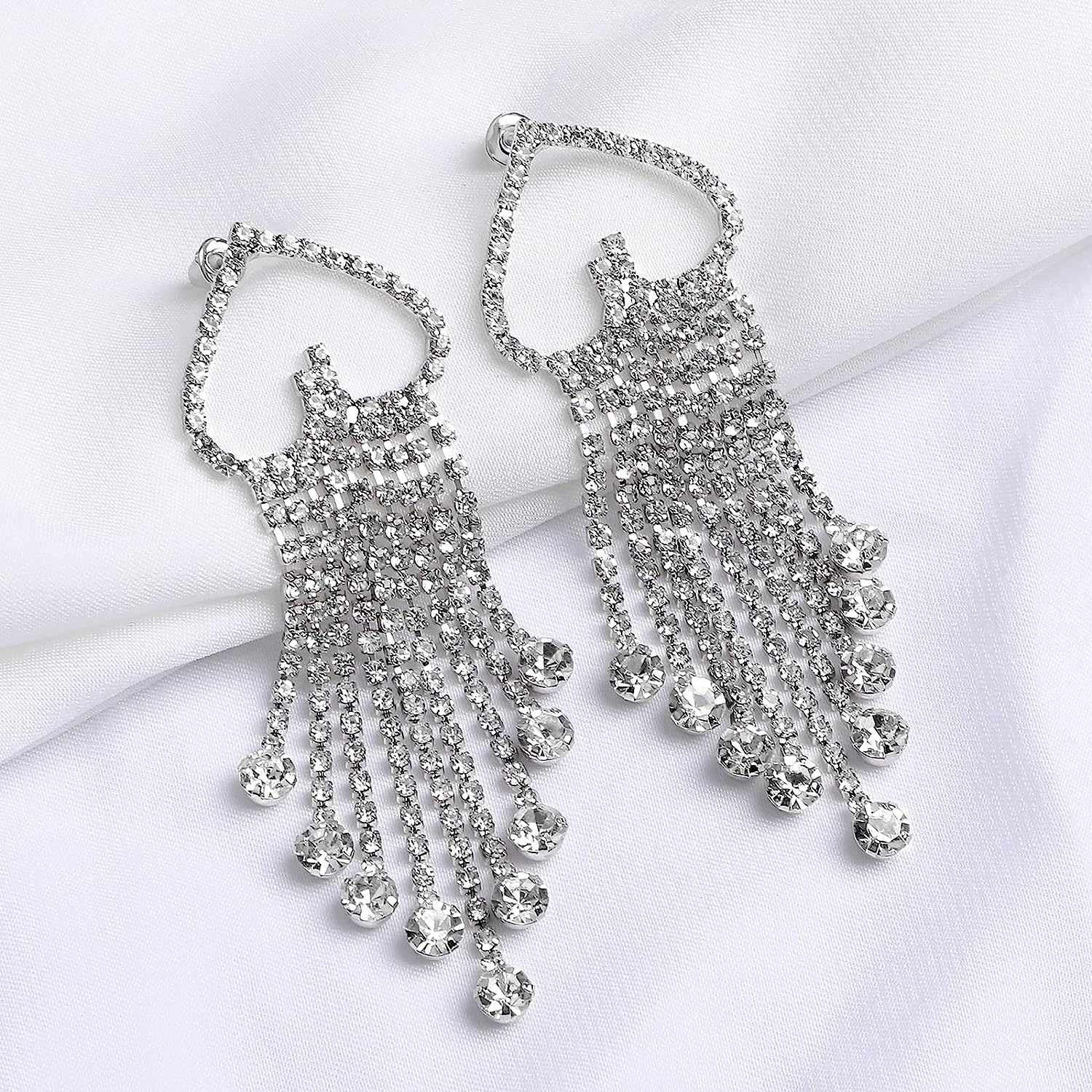 Alupssuc Silver Heart Dangle Earrings for Women, Sparkling Rhinestone Crystal Tassel Earrings for Women Girls, Heart Earrings Dangling Jewelry Valentines Day/Mother's Day/Women Birthday Gift For Her