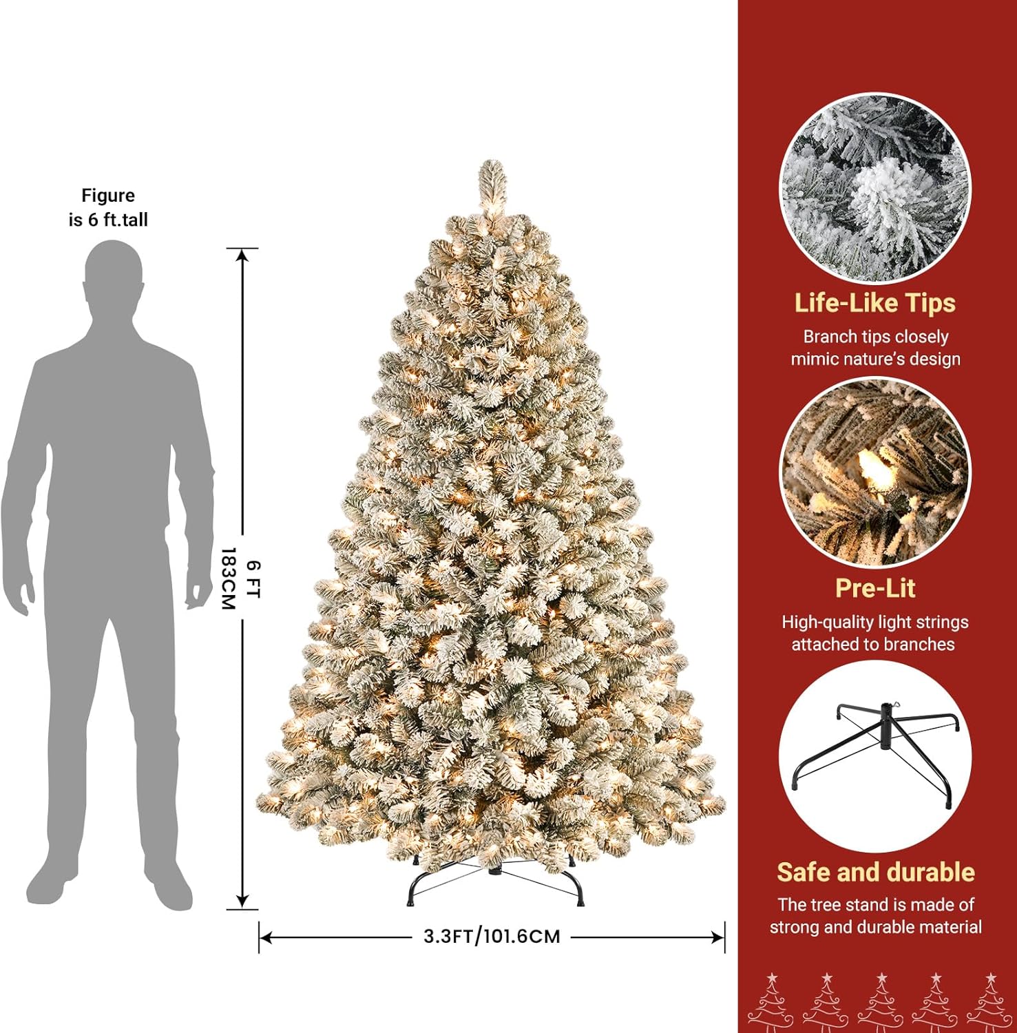 6ft Prelit Warm White Lights Snow Flocked Artificial Holiday Christmas Tree