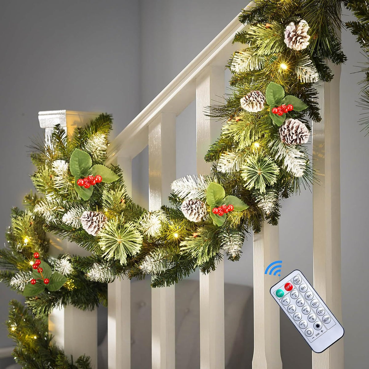 9FT Prelit Artificial Christmas Garland with Color Changing Lights and Timer by Remote Control - SHareconn