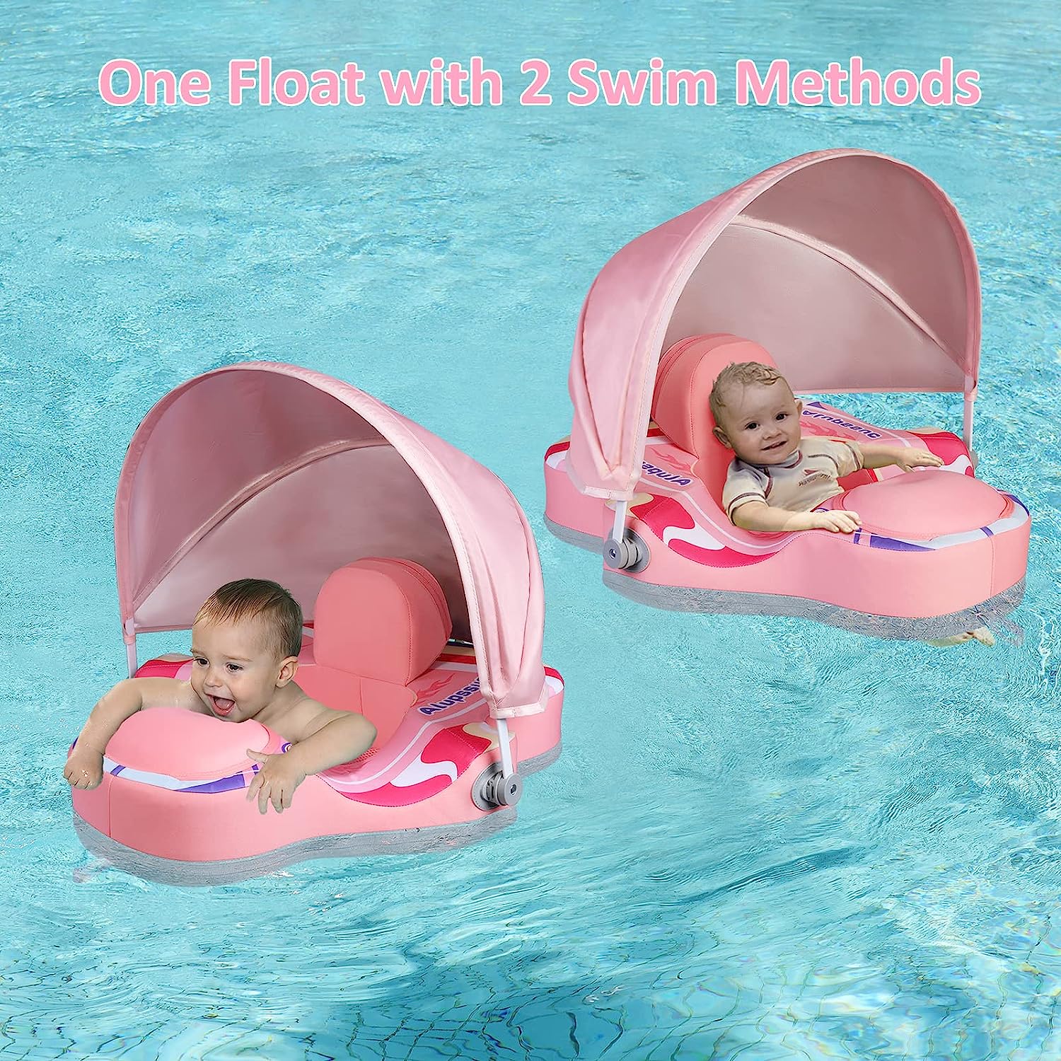 Alupssuc Baby Pool Float with 0-120° Removable UPF 50+ Sun Canopy, Widen Wings No Flip over, Non Inflatable Infant Pool Float with Adjustable Safety Seat, Baby Swim Floats for 3-6-12-24 Months Toddler-Pink