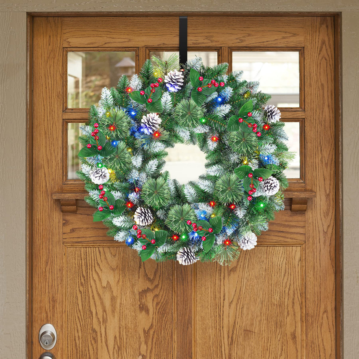 24 Inch Snow Prelit Artificial Christmas Wreath with 15" Hanger Color Changing Lights and Timer by Remote Control - SHareconn