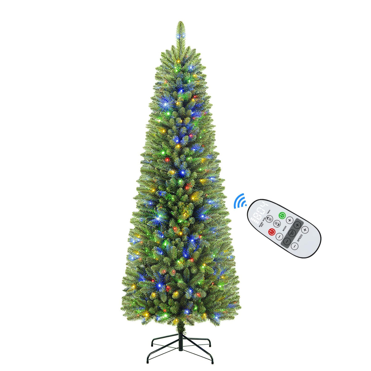 SHareconn 7ft Prelit Artificial Hinged Slim Pencil Christmas Tree, Pre-Lit 270 Warm White & Multi-Color Lights with Remote Control, Full Branch Tips, First Choice Decorations for X-mas, 7 FT,Green - SHareconn