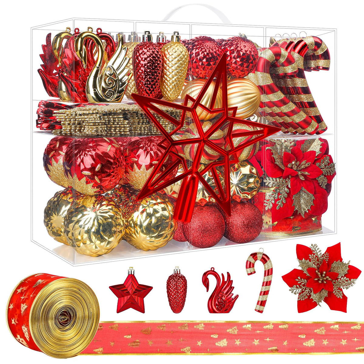 128pcs Shatterproof Plastic Baubles Christmas Balls Ornaments Set Red and Gold - SHareconn