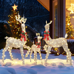 3-Piece Champagne Gold Large Pre-Lit Christmas Deer Family Set Outdoor Yard Decorations