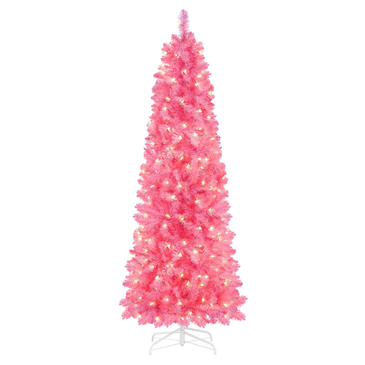 SHareconn 6ft Prelit Artificial Hinged Slim Pencil Christmas Tree with Warm White Lights, Full Branch Tips, Perfect Choice Decoration for Xmas Holiday, 6 FT, Pink - SHareconn