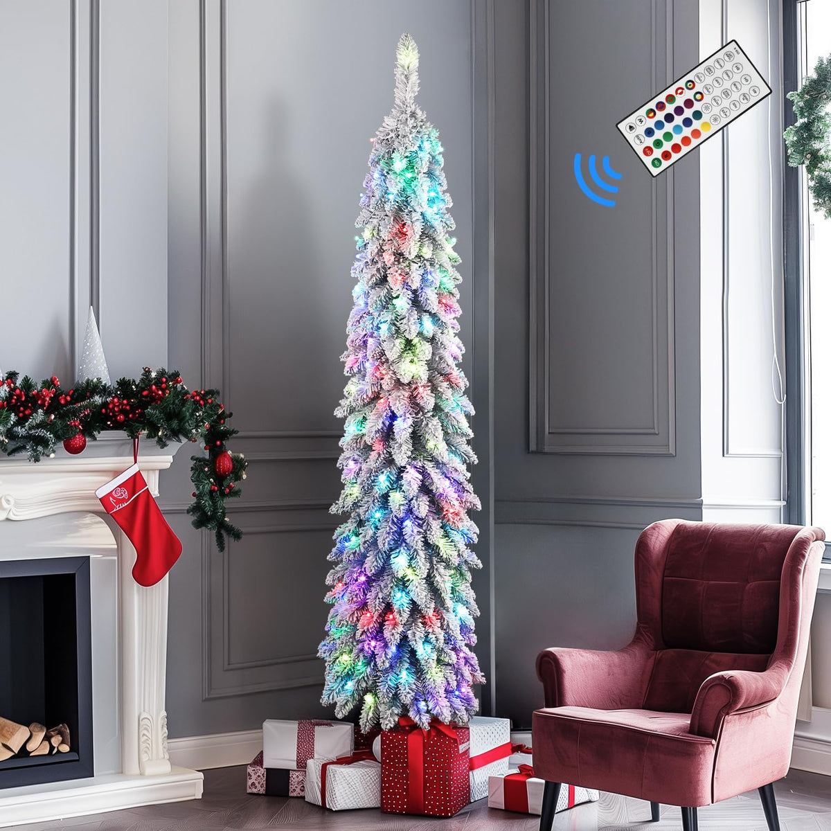 3FT Pre-Lit Snow Flocked Pencil Christmas Tree with Remote Controlled Multi-Color RGB Lights