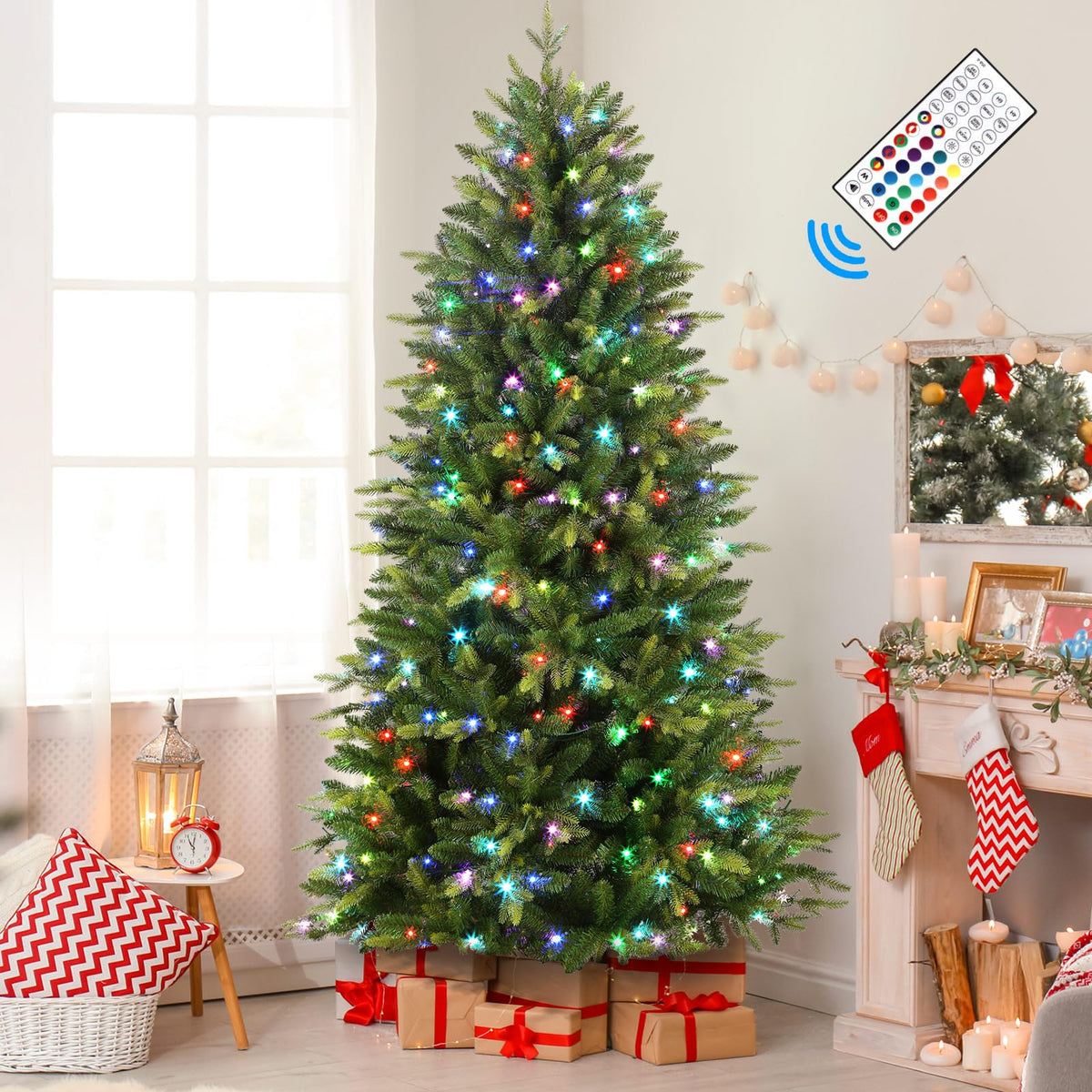 SHareconn 9ft Upgraded Prelit Artificial Hinged Christmas Tree with 670 Color Changing RGB Lights,Remote Control,Fake Pre-Lit Lush Fir Tree with 3,738 Branch Tips for Xmas Decoration, 9 FT - SHareconn