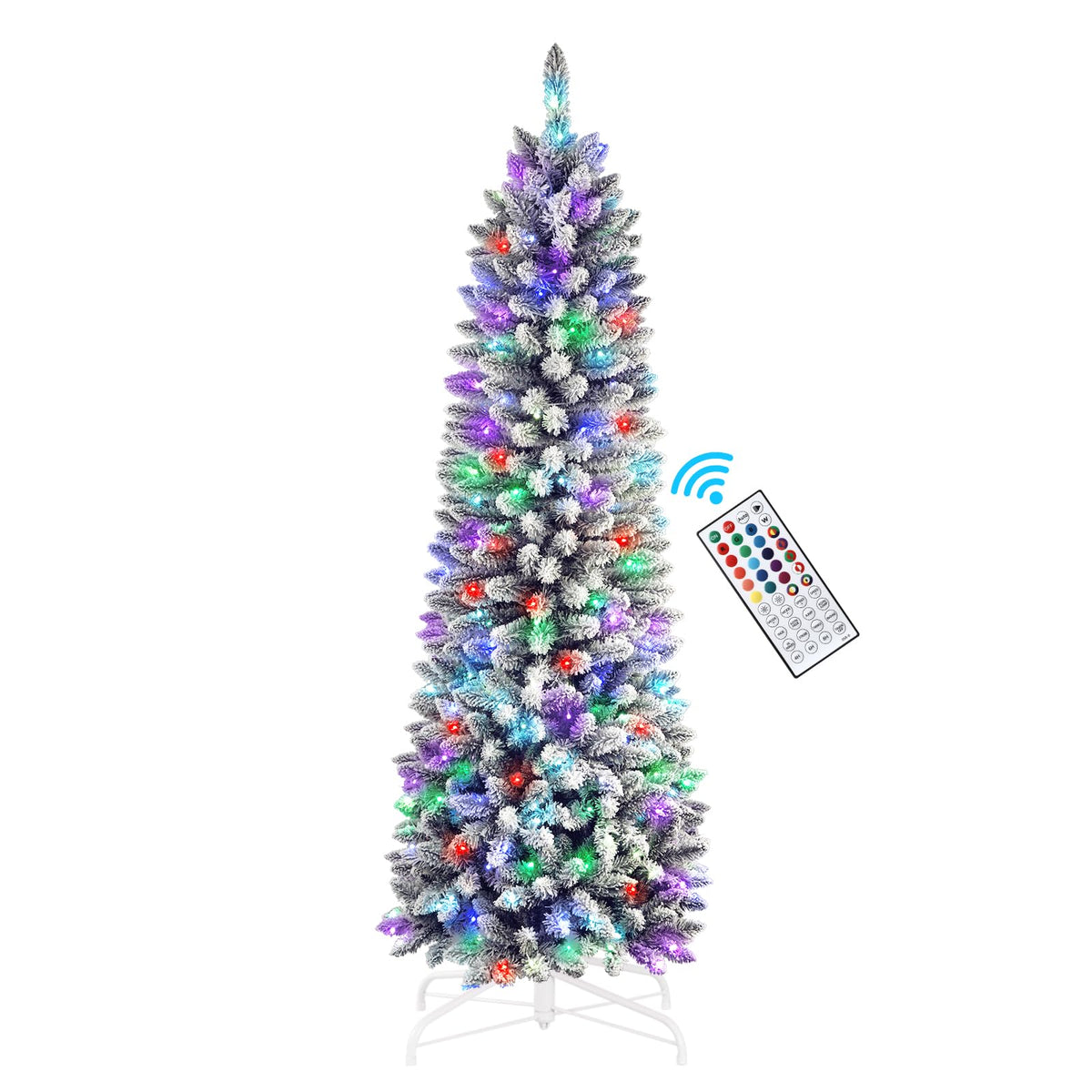 SHareconn 9ft Prelit Snow Flocked Artificial Hinged Slim Pencil Christmas Tree, with Remote Controlled Multi-Color RGB Lights, Full Branch Tips, Perfect Choice Decoration for Xmas Holiday, 9 FT, Green - SHareconn