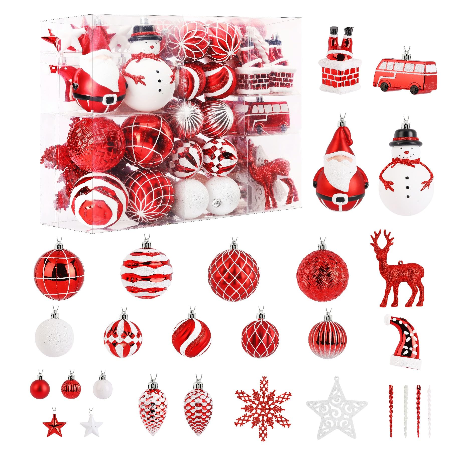 100 Pcs Red & White Christmas Ball Ornaments Set with Hanging Rope