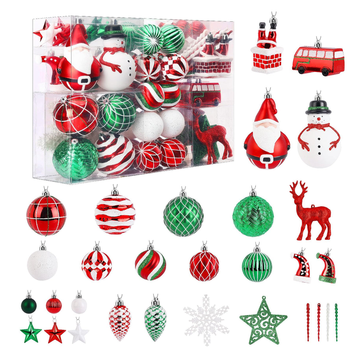 100 Pcs Red & Green & White Christmas Ball Ornaments Set with Hanging Rope