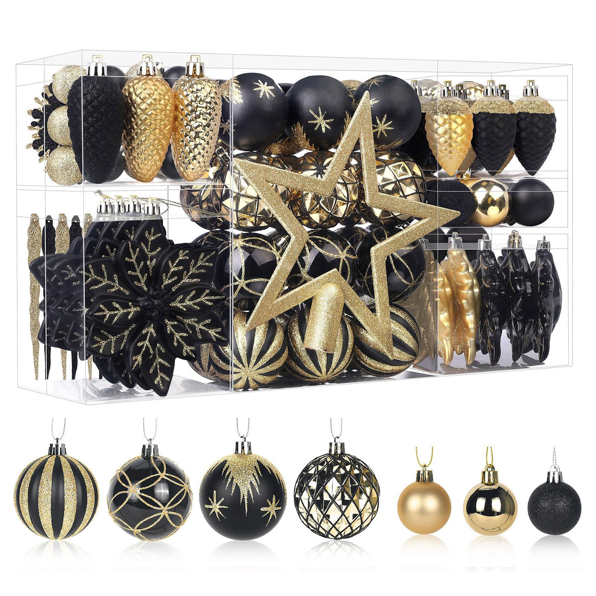 106PCS Black & Gold Christmas Balls Ornaments Set with Hanging Hooks