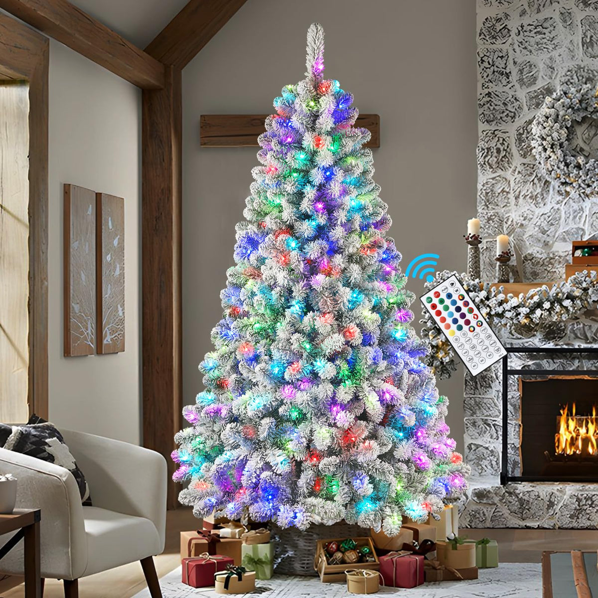 SHareconn 7ft Prelit Snow Flocked Artificial Holiday Christmas Tree with Remote (Upgraded), 400 Pre-Lit Multi-Color RGB Lights, Full Snow Branch Tips for Home, Office, Party Decoration, 7 FT - SHareconn