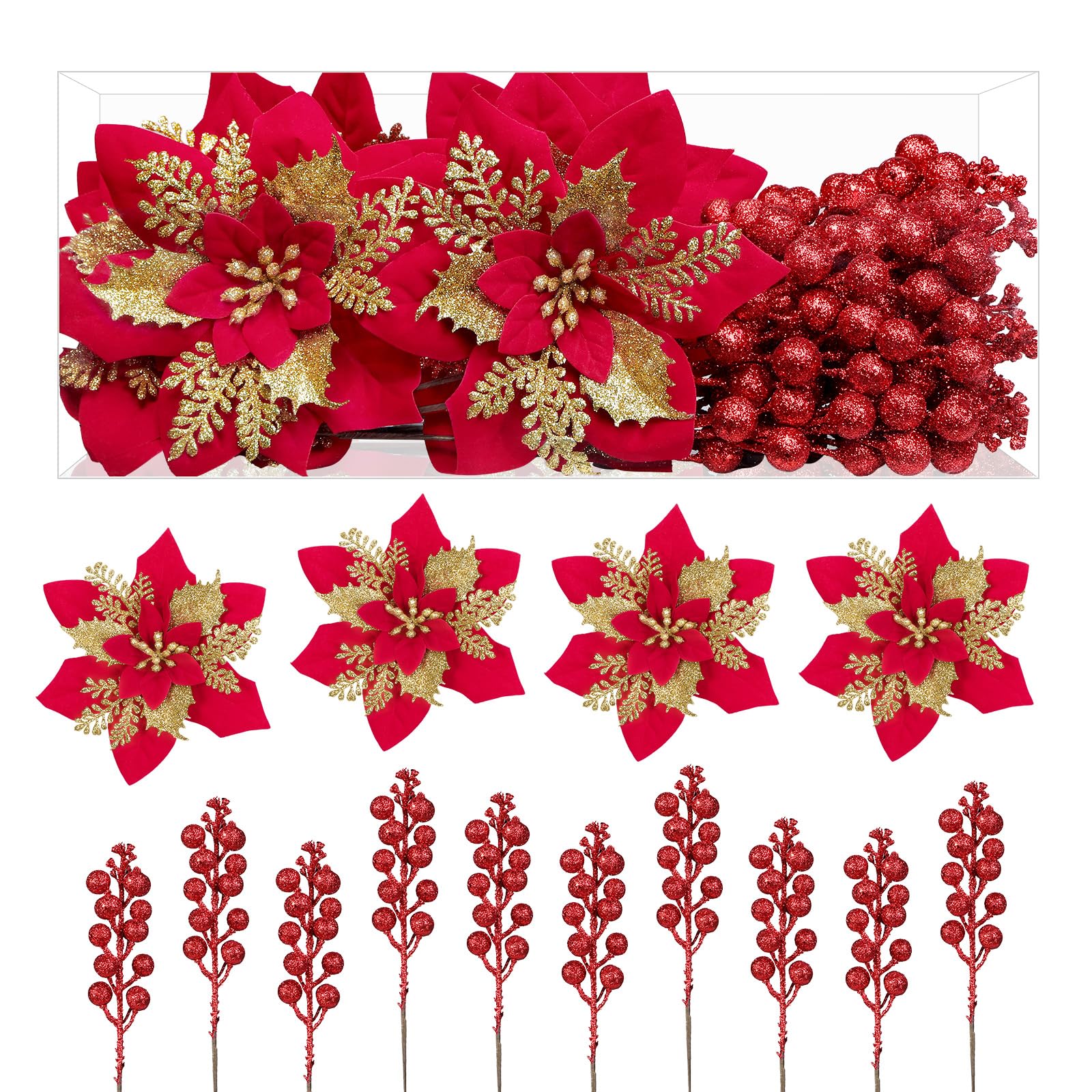 12Pcs Poinsettias Artificial Christmas Flowers+12Pcs Holly Berry Stems for Christmas Tree Decor