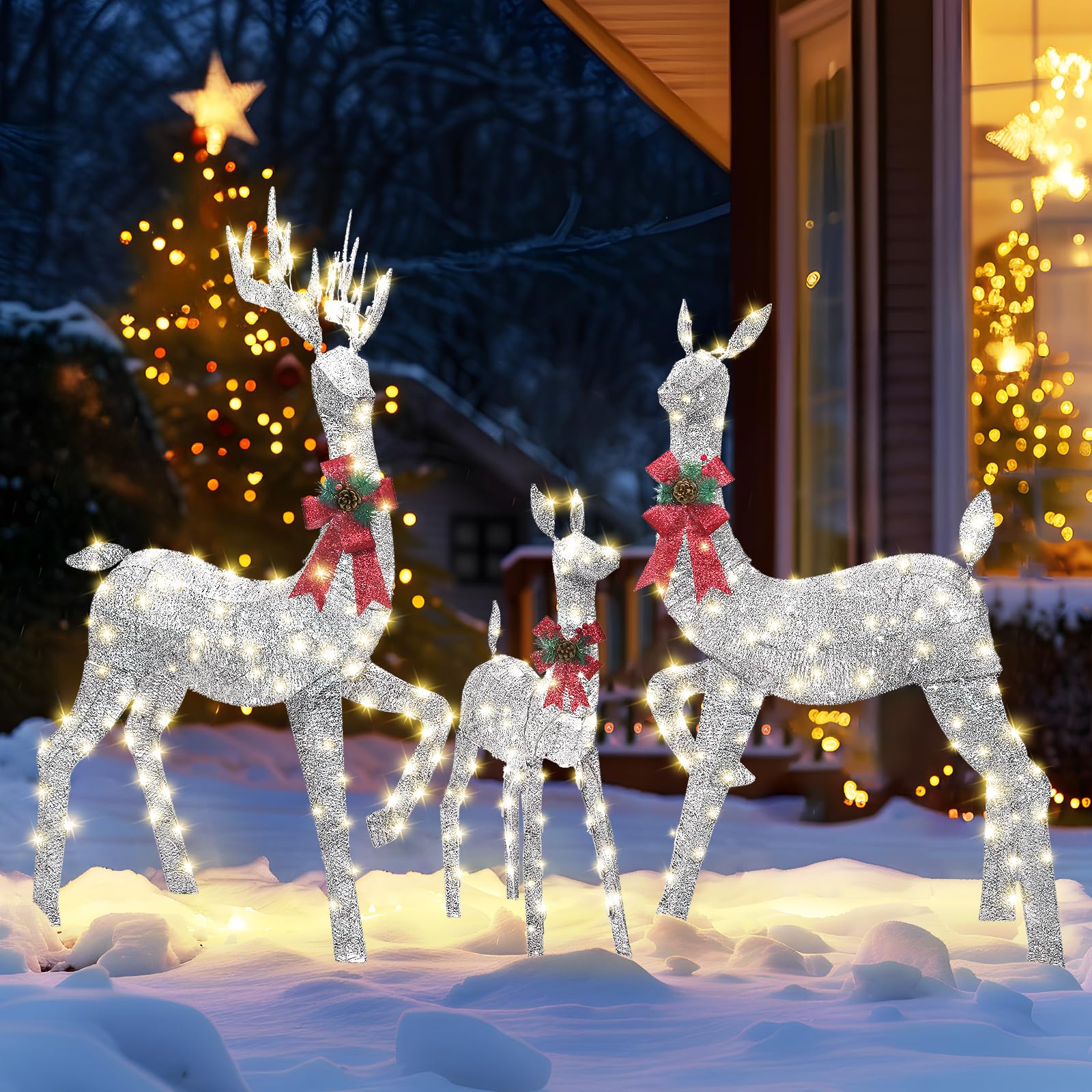 3-Piece Silvery Large Pre-Lit Christmas Deer Family Set Outdoor Yard Decorations