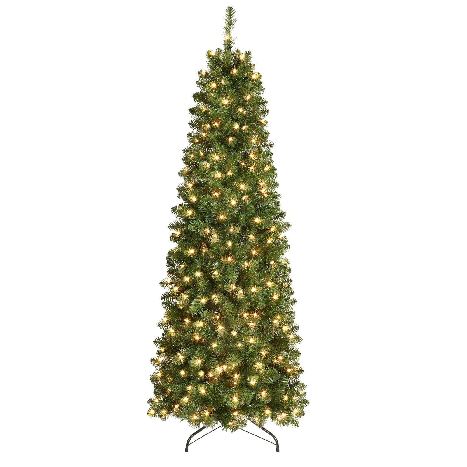 SHareconn 7ft Artificial Hinged Slim Pencil Prelit Christmas Tree with Lights, Warm White Light, The Perfect Choice of Decorations for Xmas Holiday, 7 Foot Pre Lit Christmas Tree, Green - SHareconn