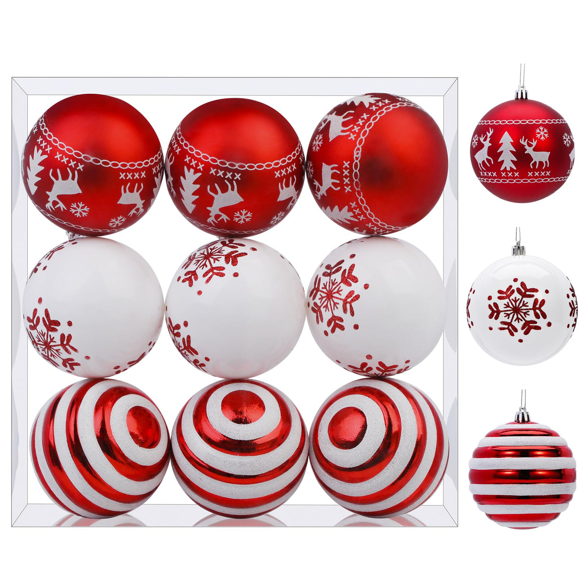 9ct 3.94 Inch Red & White Christmas Tree Balls Ornaments