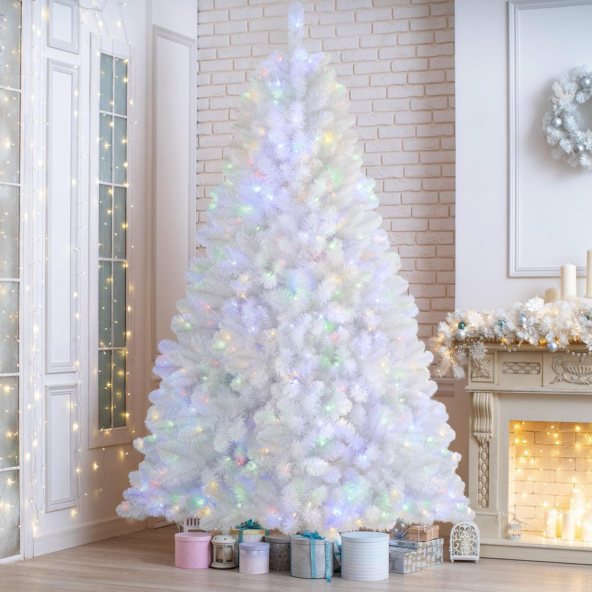 SHareconn 7.5ft Prelit Premium Artificial Hinged Christmas Tree with Warm White Lights, Perfect Choice for Xmas Decoration, 7.5 FT, White - SHareconn