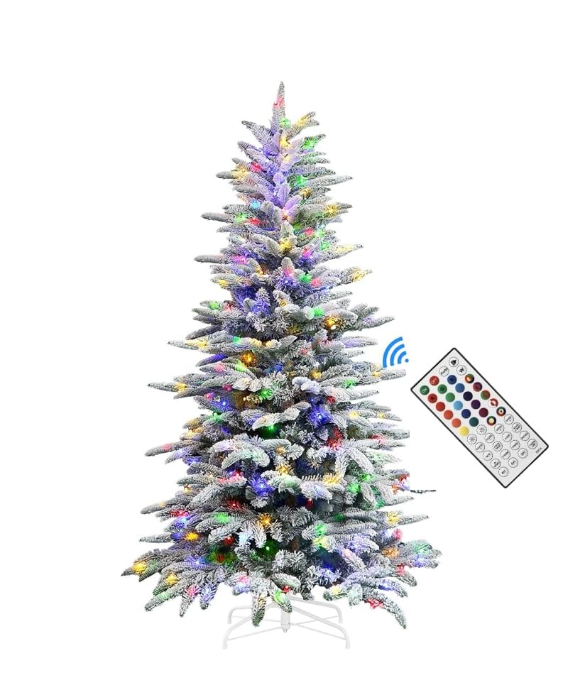 4ft Prelit Artificial Hinged Upgraded Snow Flocked Christmas Tree with Remote, 190 Pre-Lit Multi-Color RGB Lights and 469 PE & PVC Branch Tips, Perfect Choice for Xmas Decoration, 4 FT - SHareconn