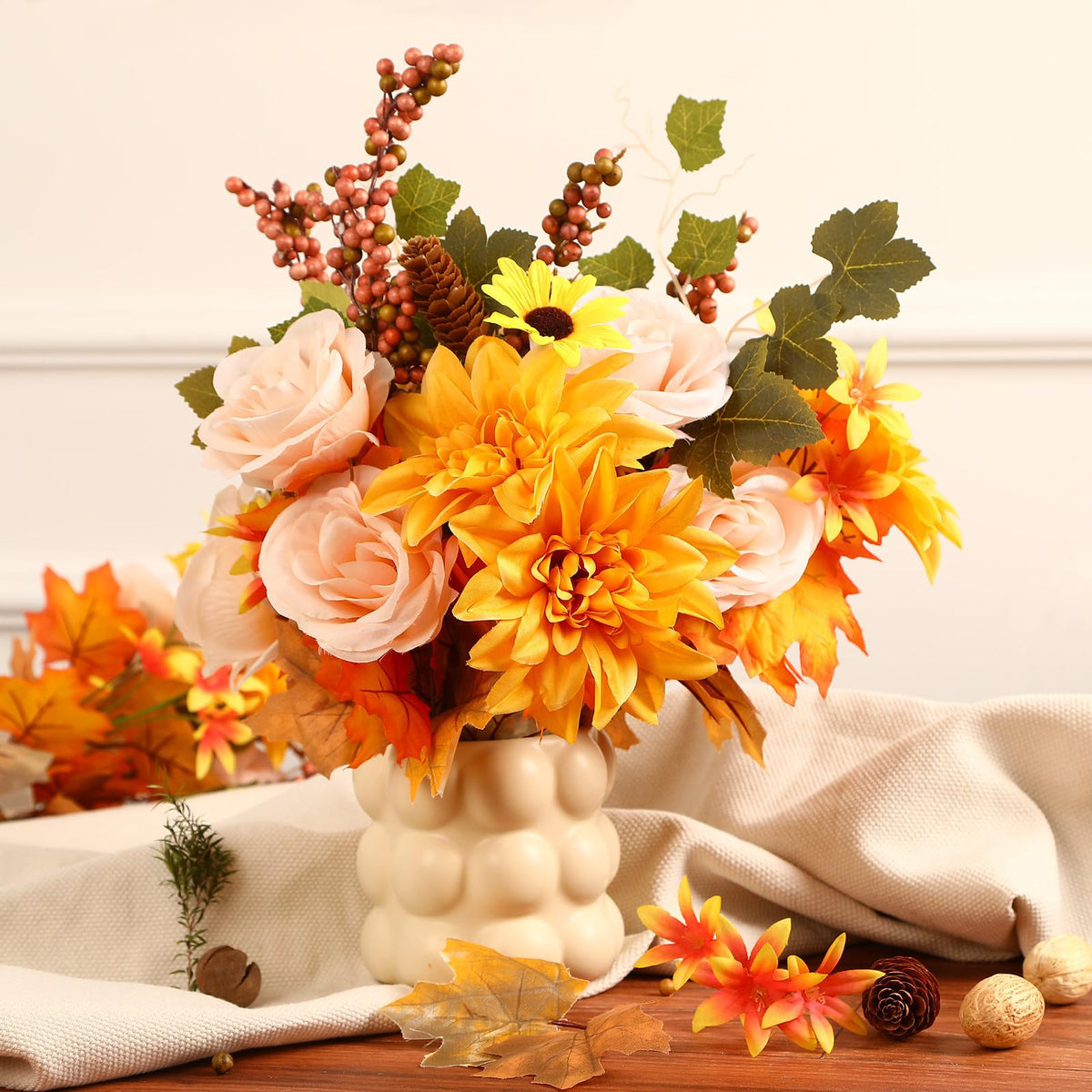 2Pcs Artificial Fall Thanksgiving 7inch Autumn Faux Bouquet Flowers (Yelow&Orange) - SHareconn