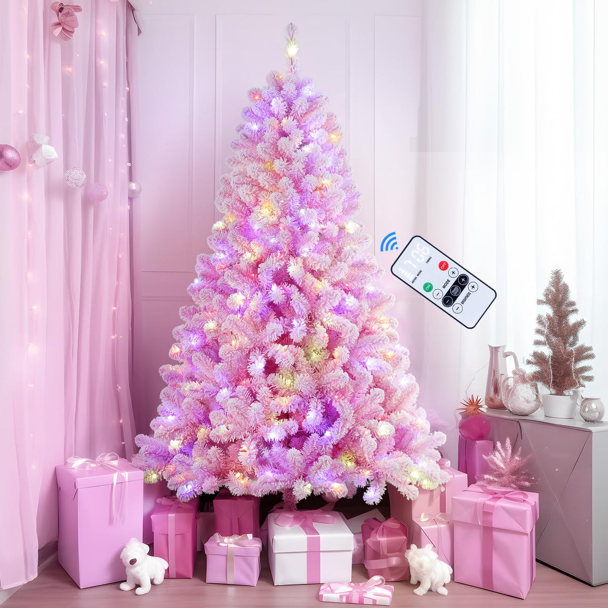 SHareconn 6ft Prelit Snow Flocked Artificial Holiday Christmas Tree with Remote (Upgraded), 330 Pre-Lit Multi-Color RGB Lights, Full Snow Branch Tips for Home, Office, Party Decoration, 6 FT, Pink - SHareconn