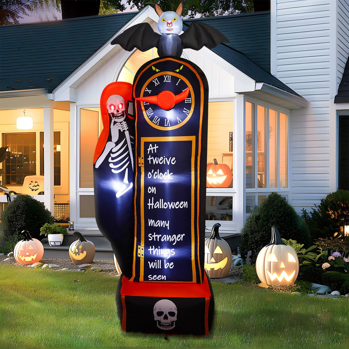 8FT Halloween Inflatables White Bone and Clock Decoration with LED and Spinning Hands - SHareconn