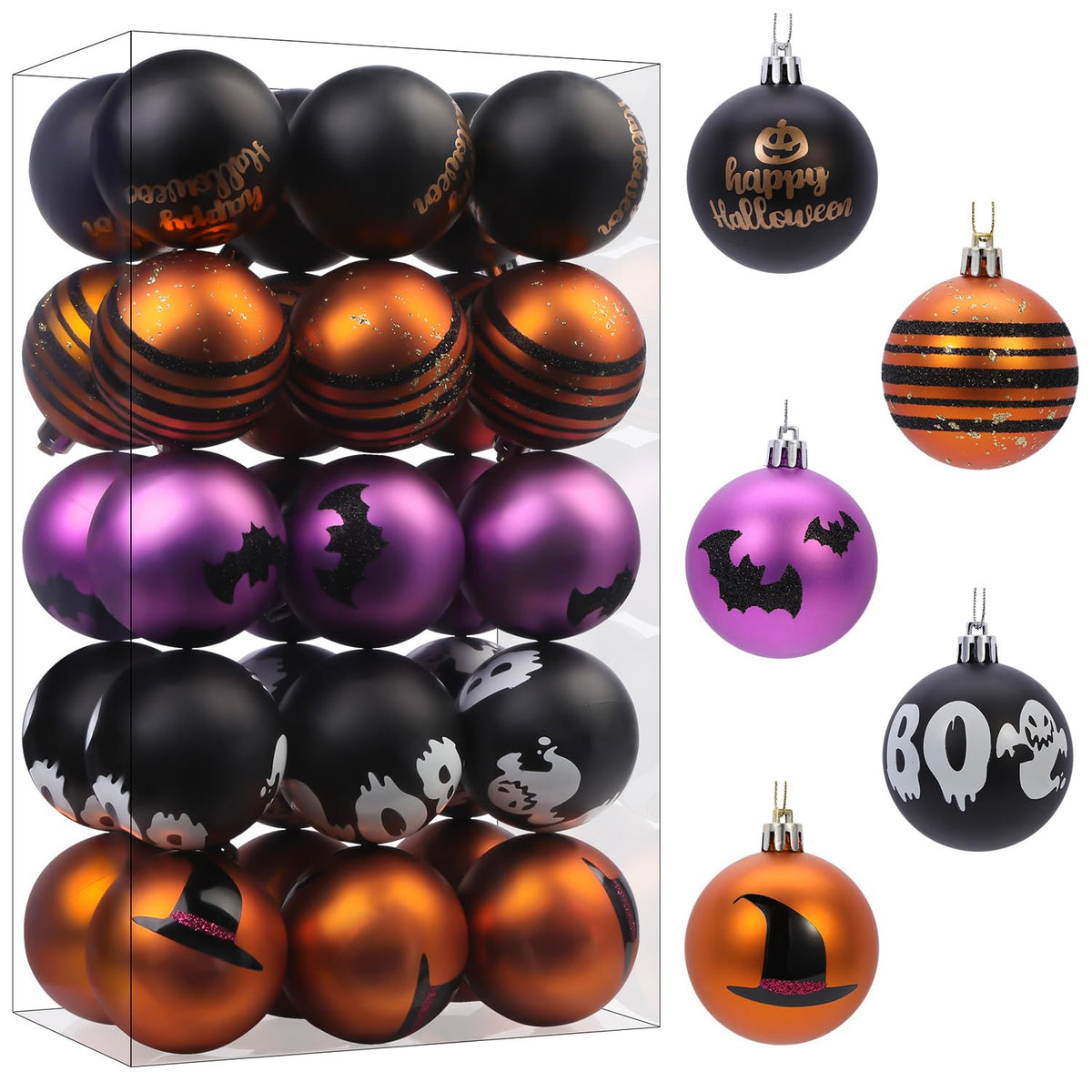 30ct 2.36 Inch Halloween Tree Colored Shatterproof Plastic Ball Ornaments(Black & Orange Purple, 6cm) - SHareconn