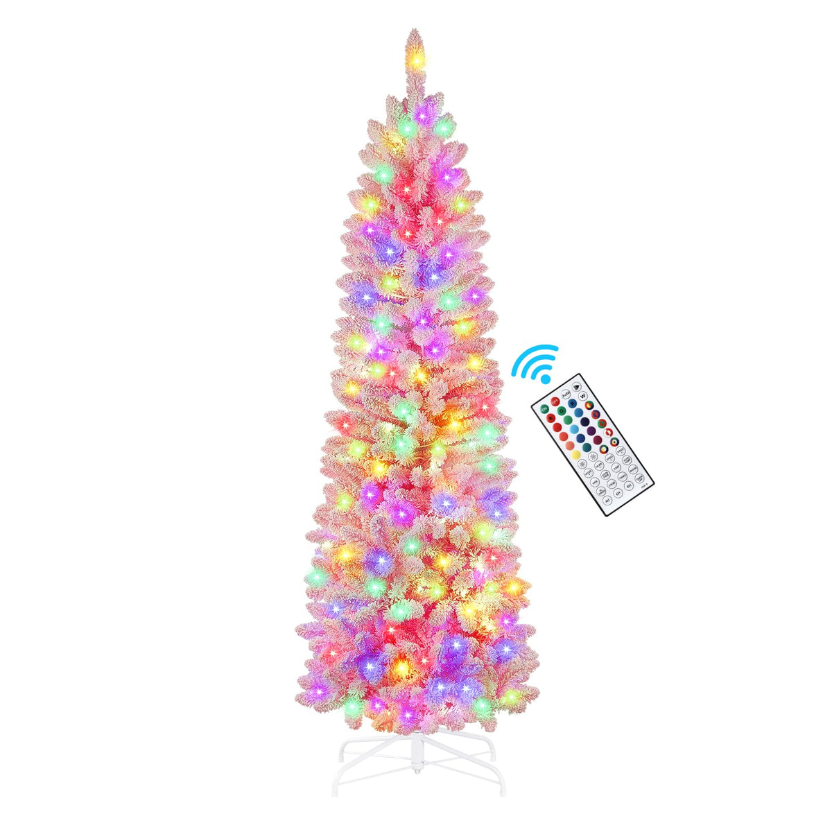 SHareconn 4ft Prelit Snow Flocked Artificial Hinged Slim Pencil Christmas Tree, with Remote Controlled Multi-Color RGB Lights, Full Branch Tips, Perfect Choice Decoration for Xmas Holiday, 4 FT, Pink - SHareconn