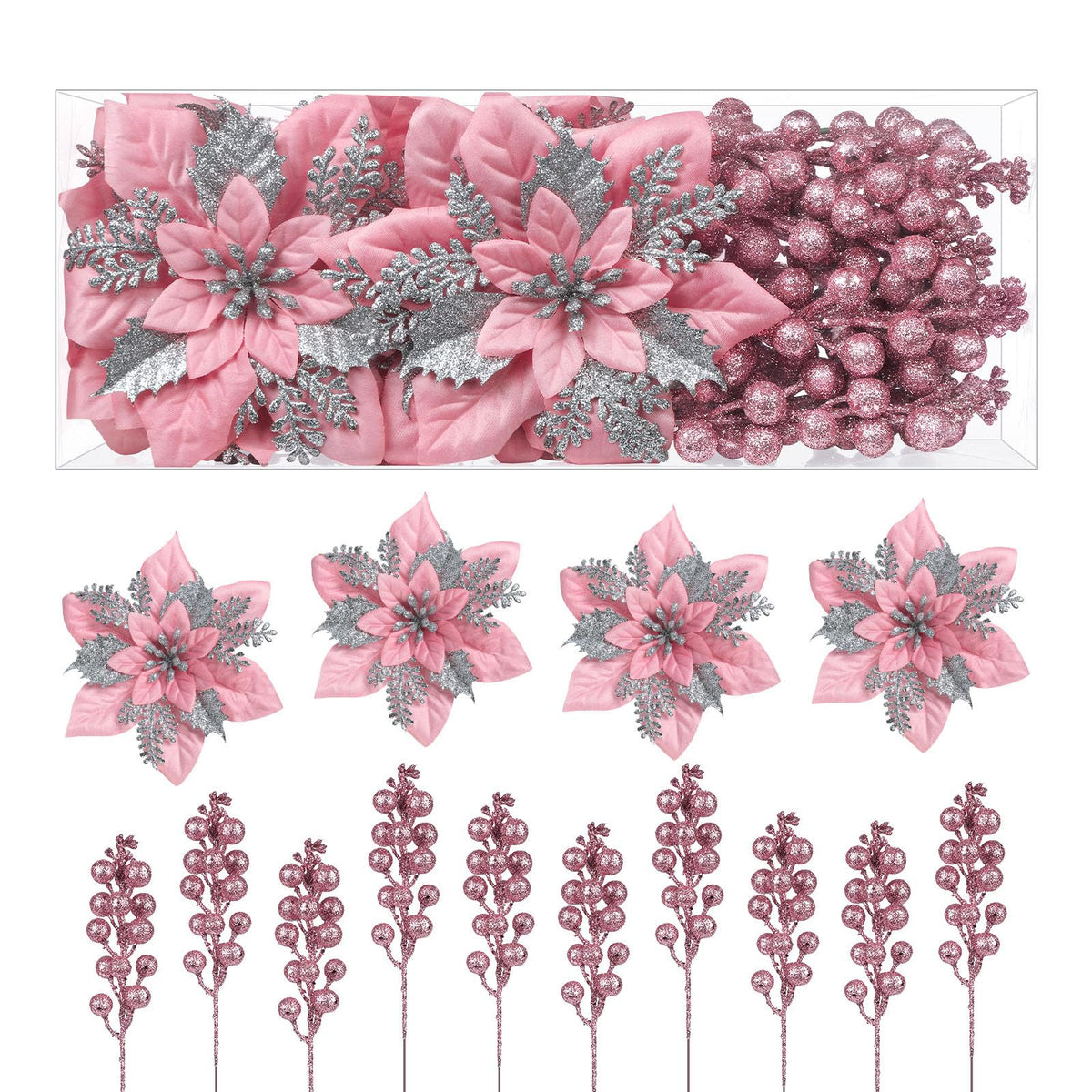 24 Pcs Pink & Silver Boxed 12Pcs Poinsettias Artificial Christmas Flowers+12Pcs Holly Berry Stems for Christmas Tree Decor