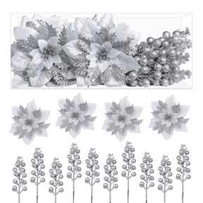 24 Pcs Silver Boxed 12Pcs Poinsettias Artificial Christmas Flowers+12Pcs Holly Berry Stems for Christmas Tree Decor