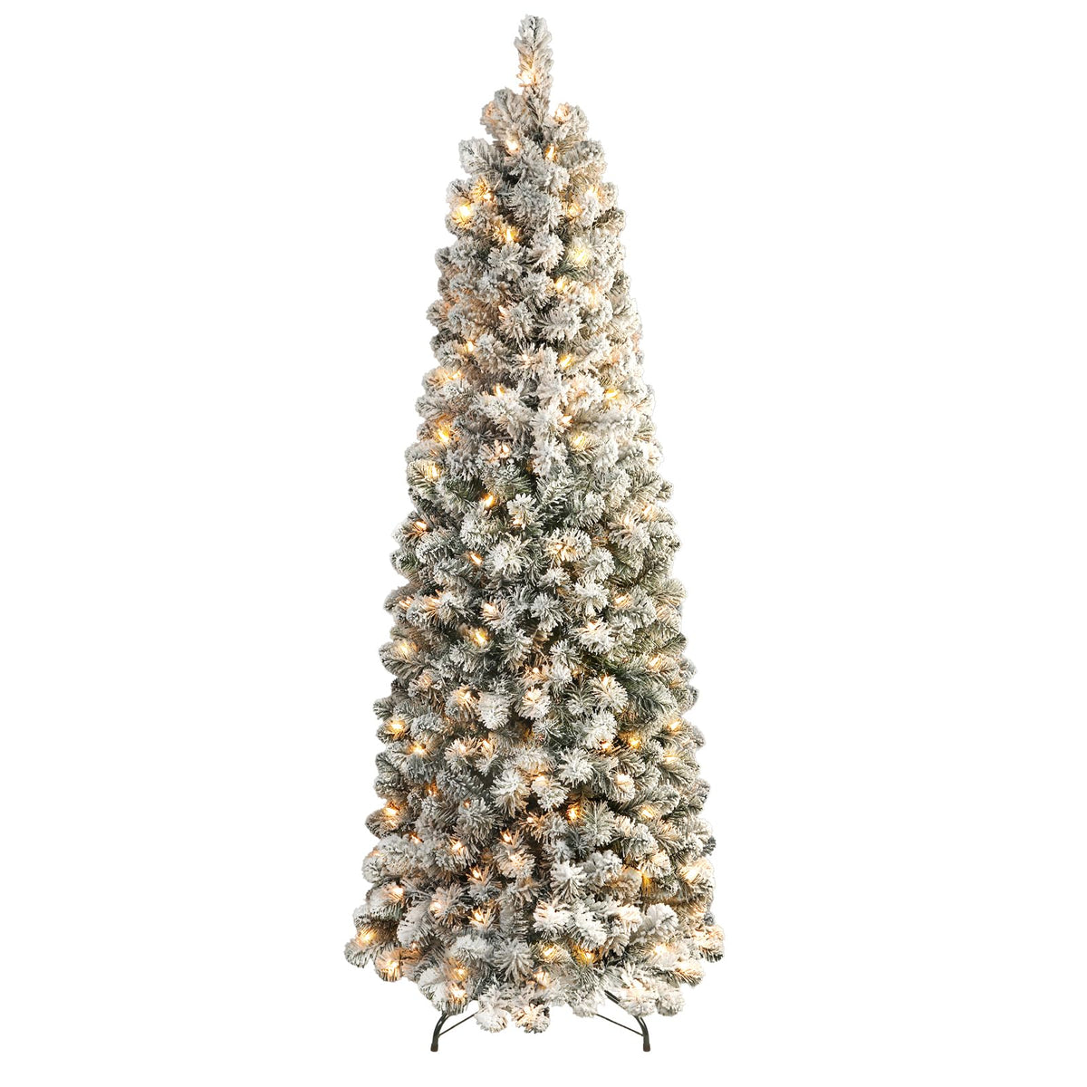 SHareconn 9ft Prelit Snow Flocked Artificial Hinged Slim Pencil Christmas Tree with Warm White Lights, Full Branch Tips, Perfect Choice Decoration for Xmas Holiday, 9 FT, Green - SHareconn