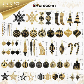 145pcs Gold and Black Christmas Balls Ornaments Set