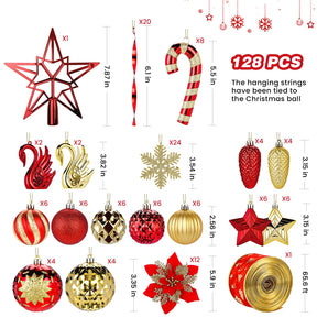 128pcs Shatterproof Plastic Baubles Christmas Balls Ornaments Set Red and Gold - SHareconn