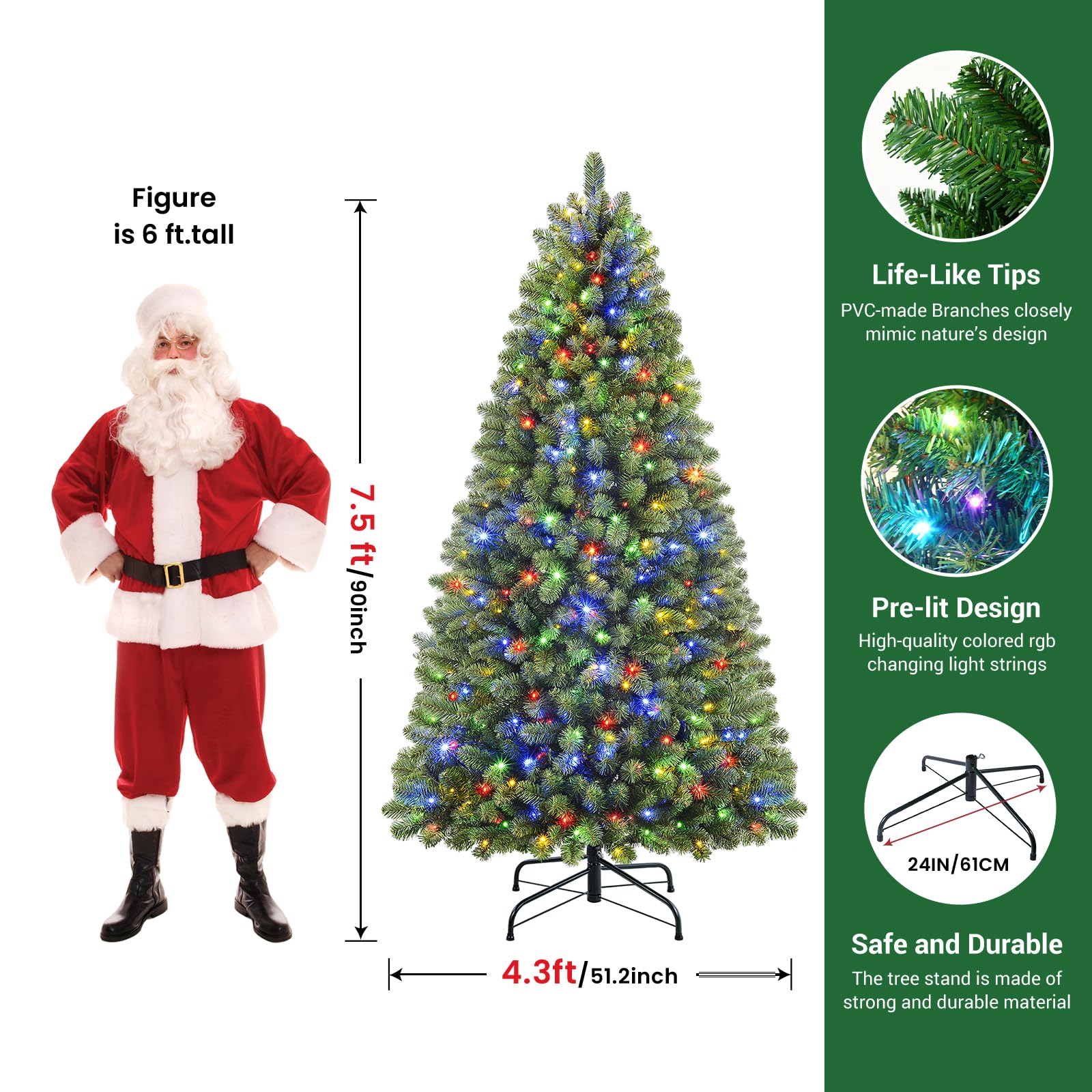 7.5ft Green RGB Lights Prelit Premium Artificial Hinged Christmas Tree