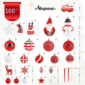 100 Pcs Red & White Christmas Ball Ornaments Set with Hanging Rope