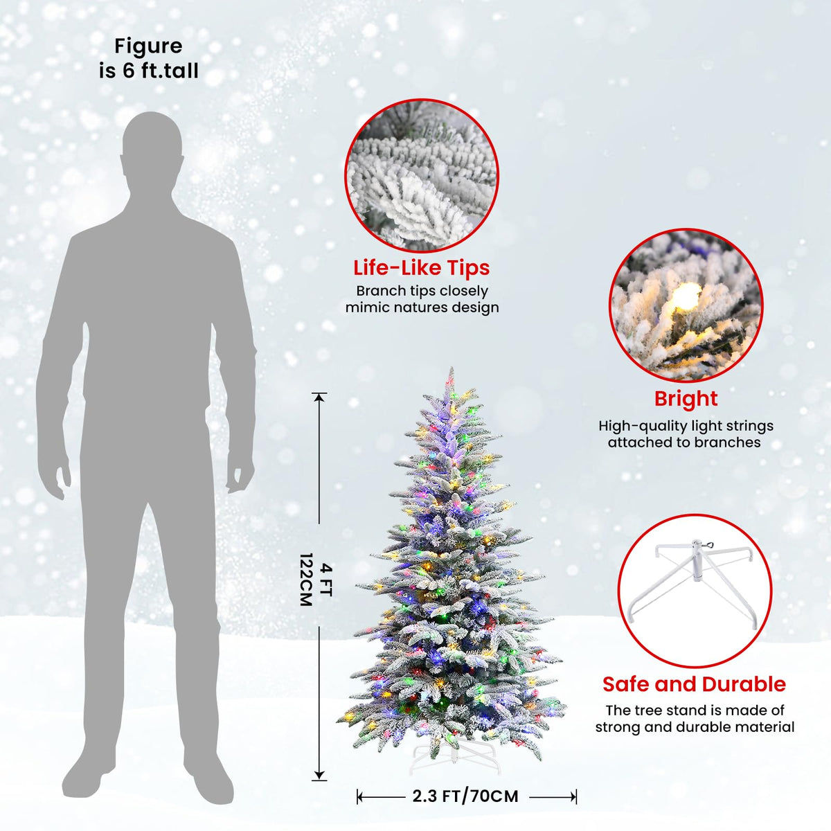 4ft Prelit Artificial Hinged Upgraded Snow Flocked Christmas Tree with Remote, 190 Pre-Lit Multi-Color RGB Lights and 469 PE & PVC Branch Tips, Perfect Choice for Xmas Decoration, 4 FT - SHareconn