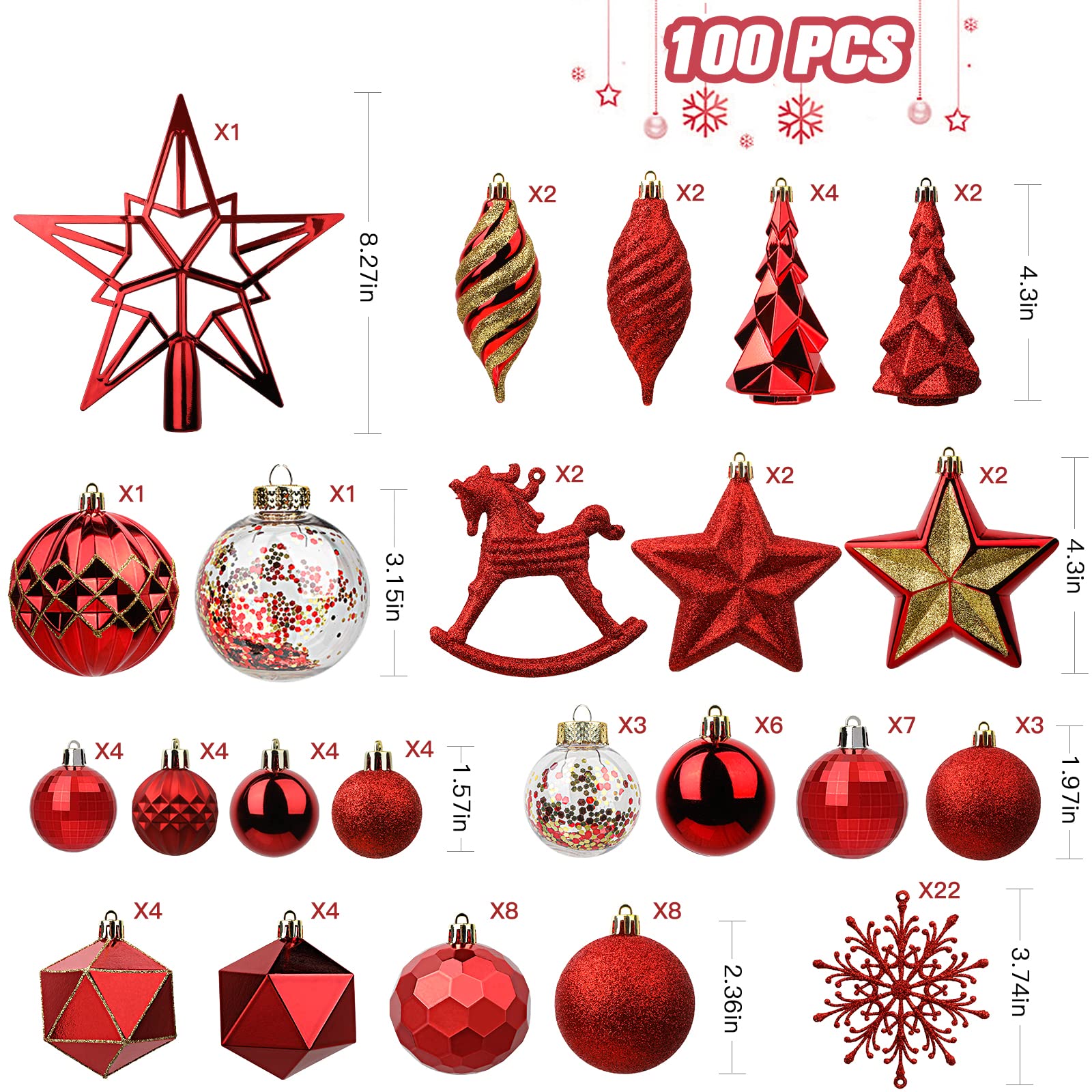 100pcs Red Christmas Tree Decorations Ornaments Set