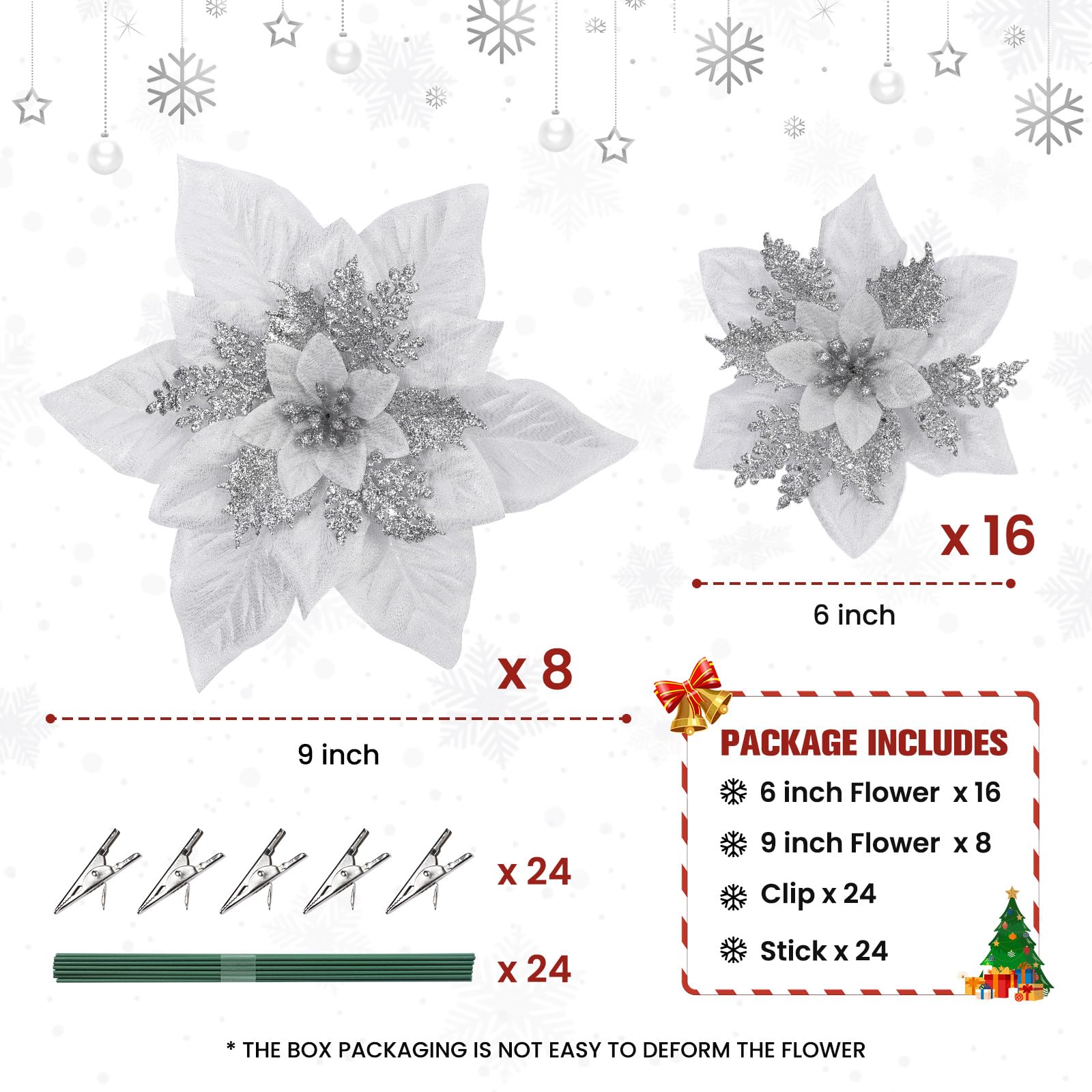 24 Pcs 6"&9" Silver Large Poinsettia Artificial Christmas Flowers Decorations for Christmas Tree with Clips&Sticks