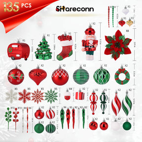 135pcs  Red, Green and White Christmas Balls Ornaments Set