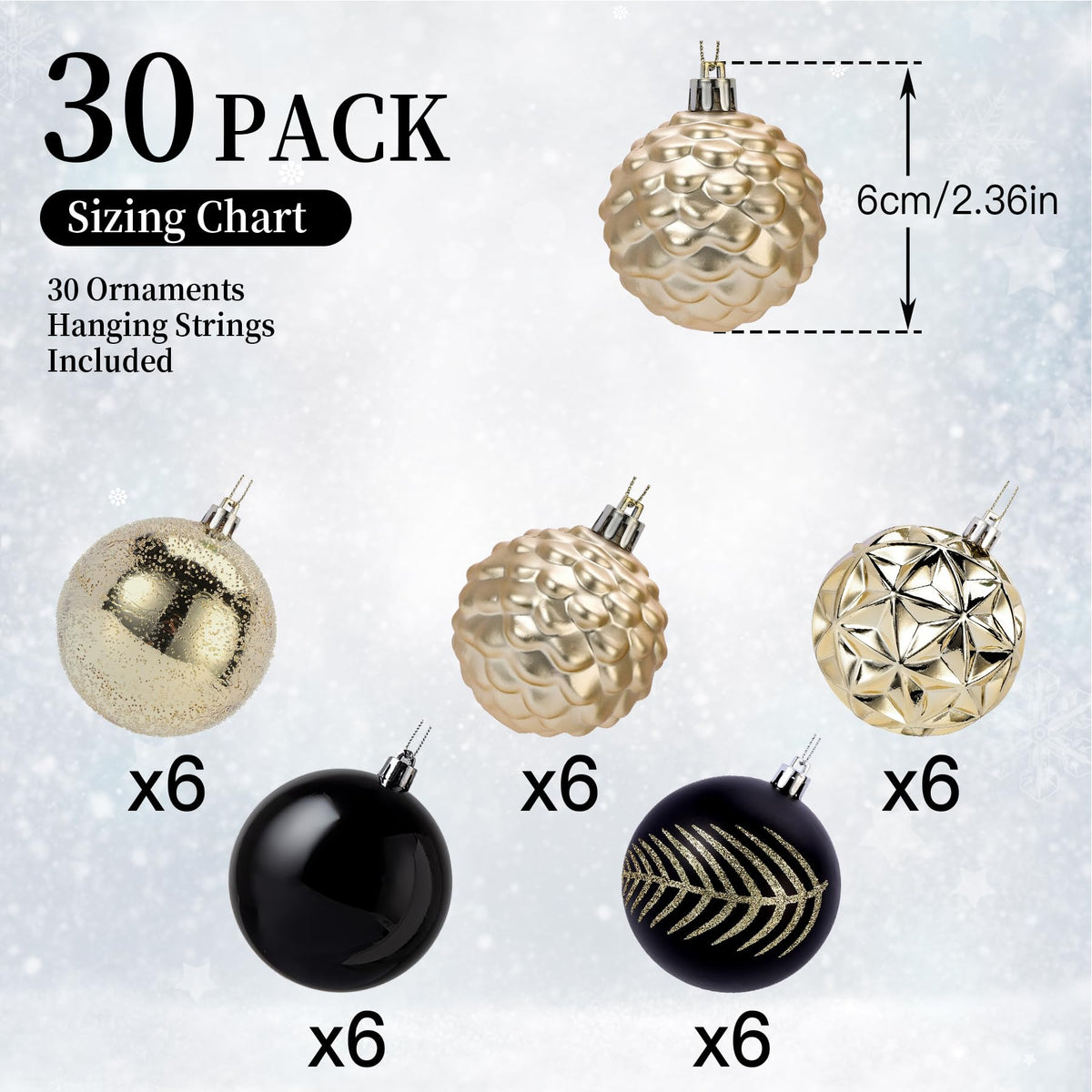 30ct 2.36 Inch Black & Gold Christmas Tree Balls Ornaments